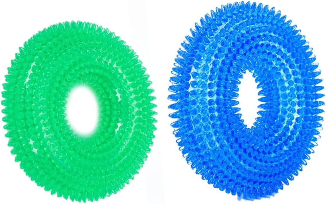 Brighty DentalRing dog dental chew toy - green and blue spike ring comparison side by side