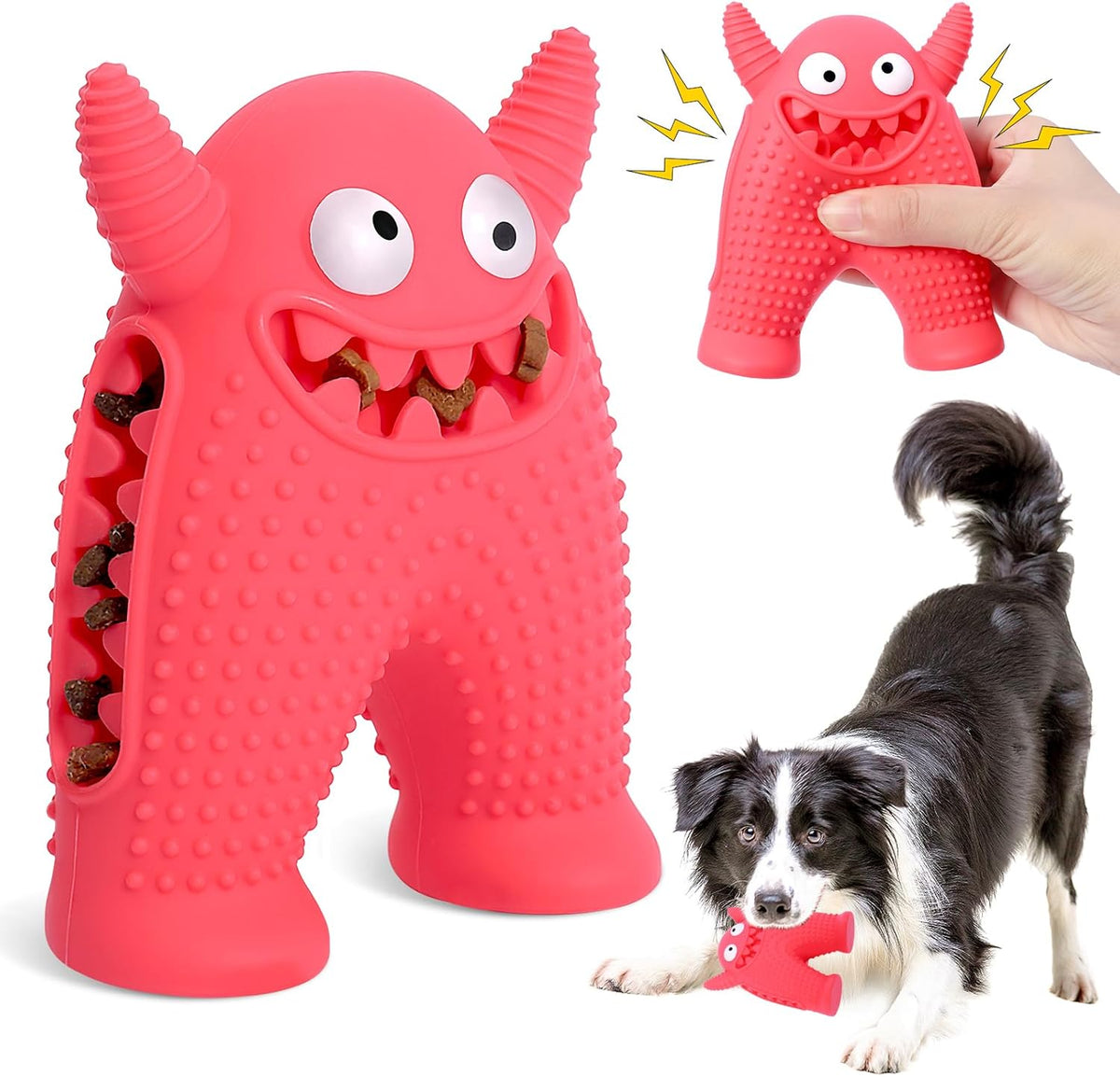 Brighty MonsterChew – Pink monster-shaped squeaky dog chew toy with treat cavity, shown being squeezed and played with by a Border Collie