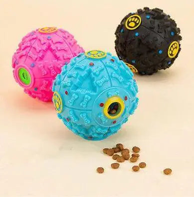Brighty BrainBall in pink blue and black with kibble - waterproof TPR treat balls