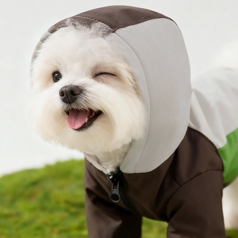 Hipipet Mini TrailGuard – Smiling white dog wearing hooded waterproof coat in brown and green colorway, outdoor setting