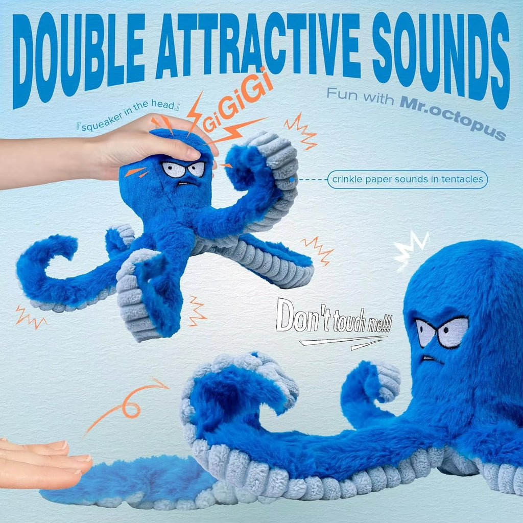 Interactive octopus dog toy with squeaker and crinkle paper sounds