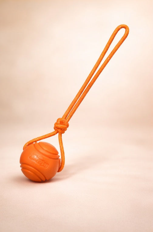 Brighty ToughBall orange durable rubber dog ball with rope handle for interactive play and fetch
