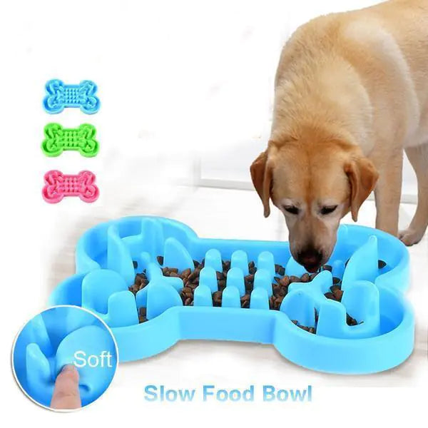 Brighty Slow Bowl in blue green and pink - silicone slow feeder with bone-shaped puzzle design