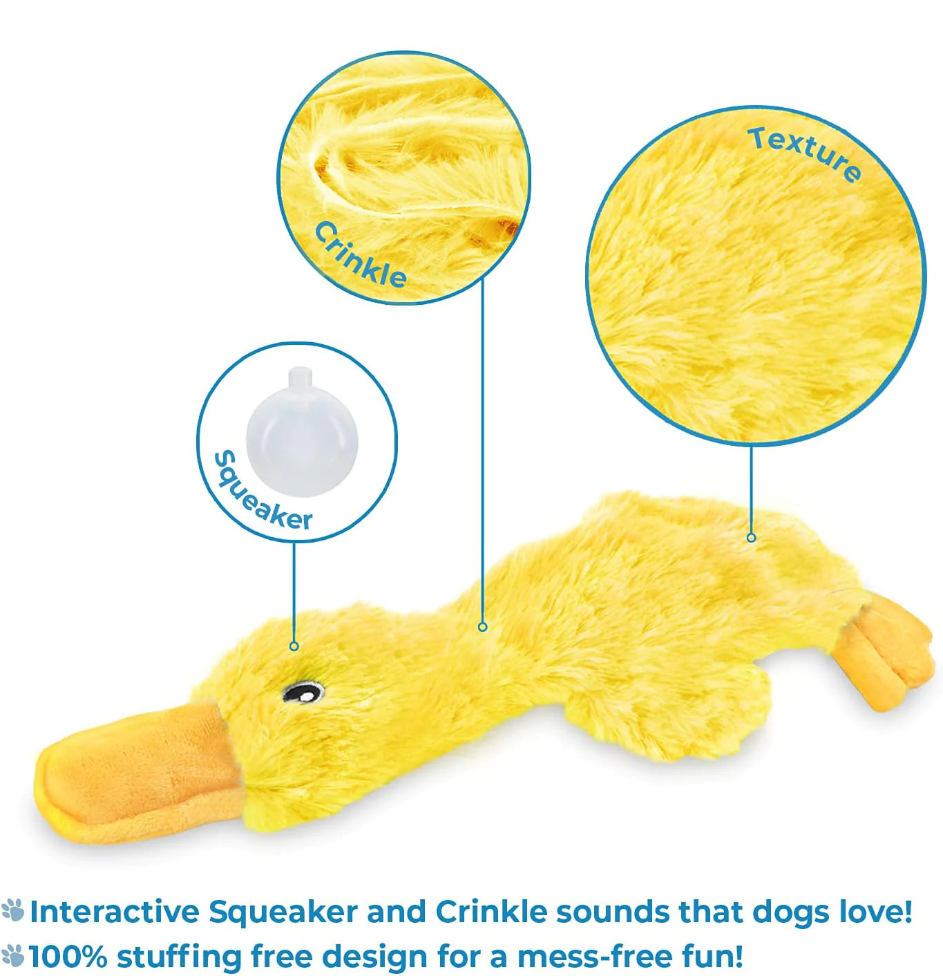 Brighty Quack features - squeaker crinkle texture no stuffing mess-free duck plush toy